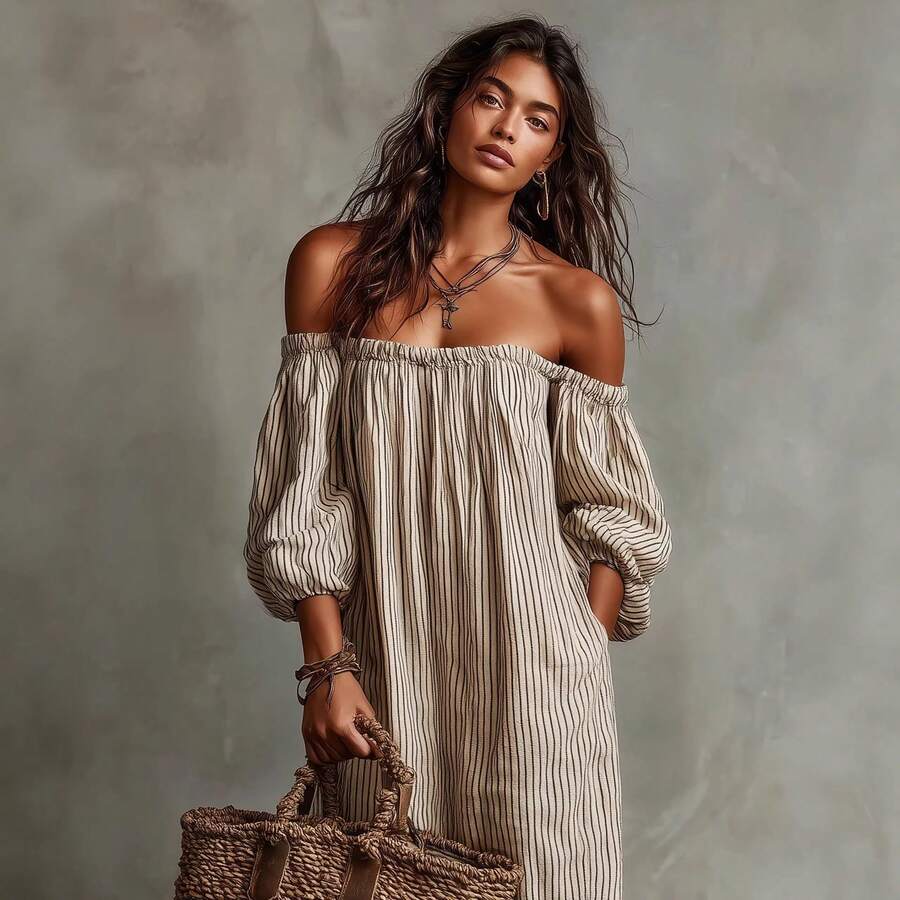 Ruby Striped Off-Shoulder Puff Sleeve Midi Dress - view 5