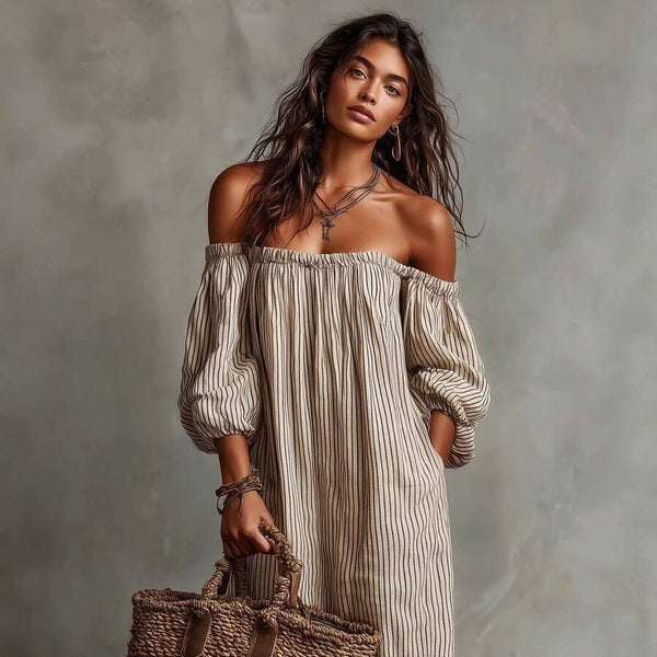 Ruby | Striped Off-Shoulder Puff Sleeve Midi Dress