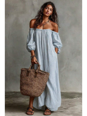 Ruby | Striped Off-Shoulder Puff Sleeve Midi Dress
