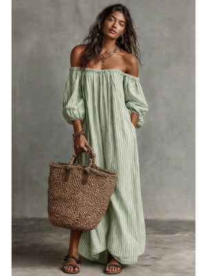 Ruby | Striped Off-Shoulder Puff Sleeve Midi Dress