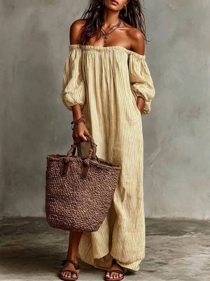 Ruby | Striped Off-Shoulder Puff Sleeve Midi Dress