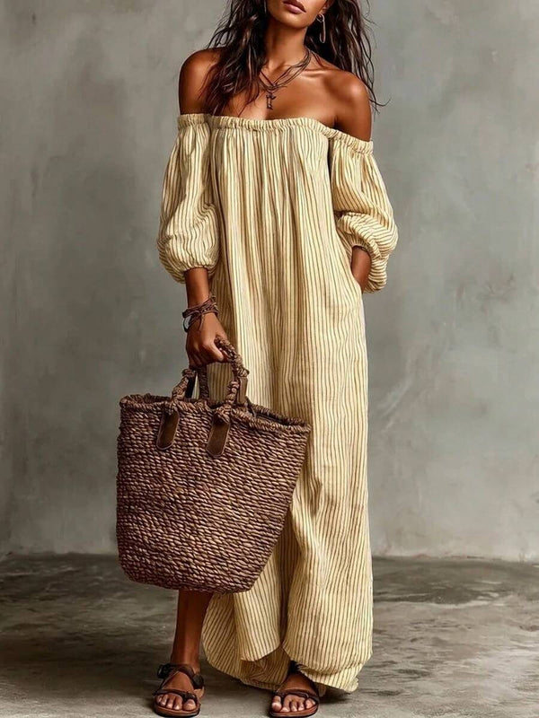 Ruby | Striped Off-Shoulder Puff Sleeve Midi Dress