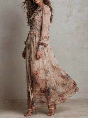 Jessica | Floral A-Line Maxi Dress with Flare Sleeves