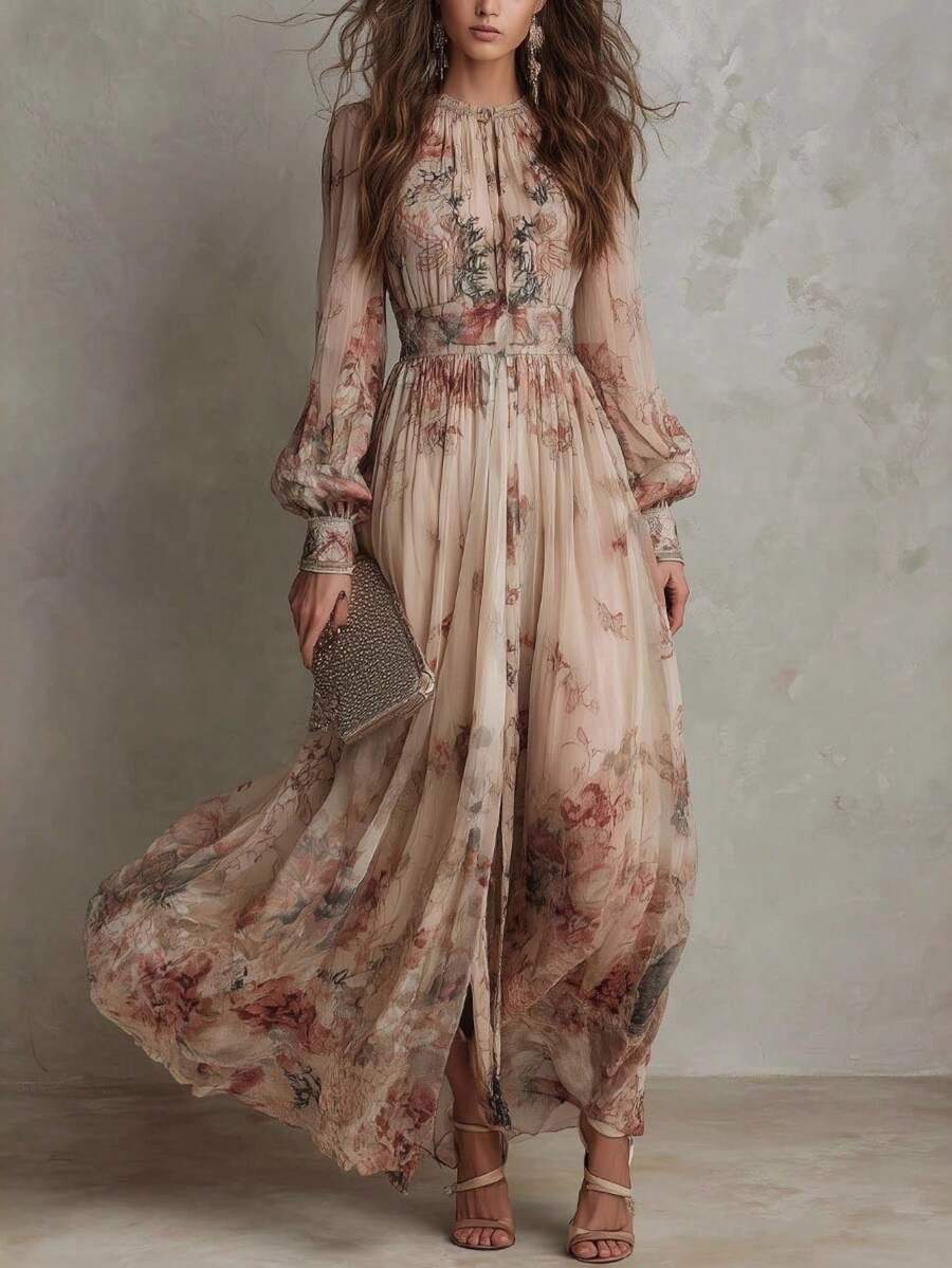 Jessica | Floral A-Line Maxi Dress with Flare Sleeves