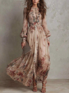 Jessica | Floral A-Line Maxi Dress with Flare Sleeves