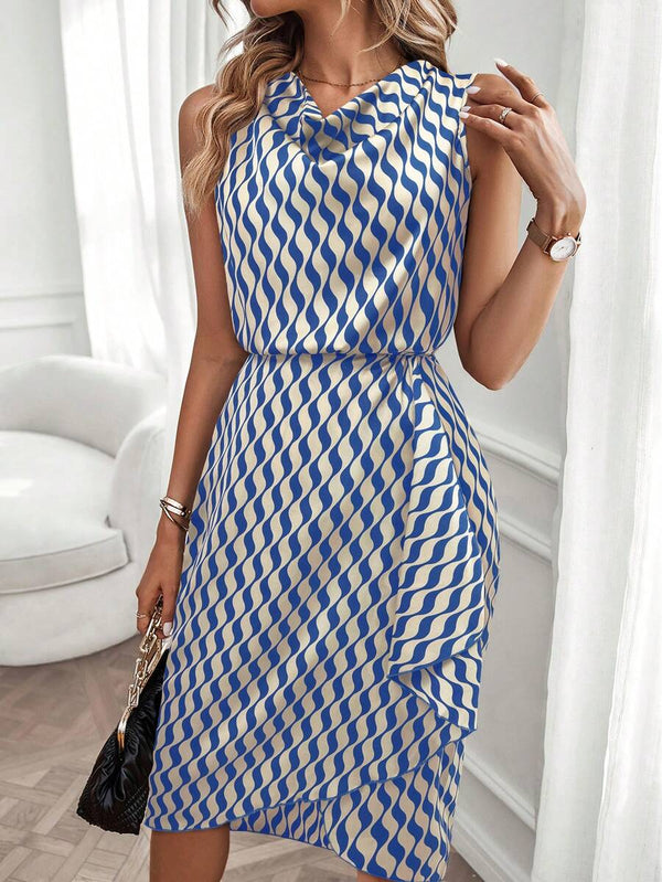 Libby | Geometric Print Cowl Neck Asymmetric Hem Dress