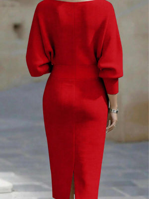 Cara | Ribbed Knit Batwing Sleeve Midi Dress
