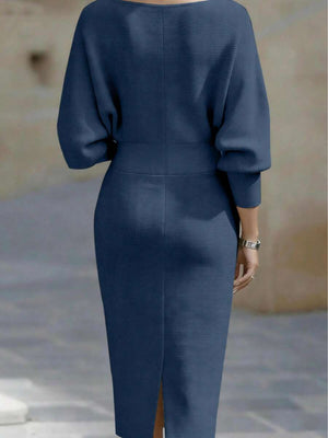 Cara | Ribbed Knit Batwing Sleeve Midi Dress