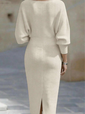 Cara | Ribbed Knit Batwing Sleeve Midi Dress