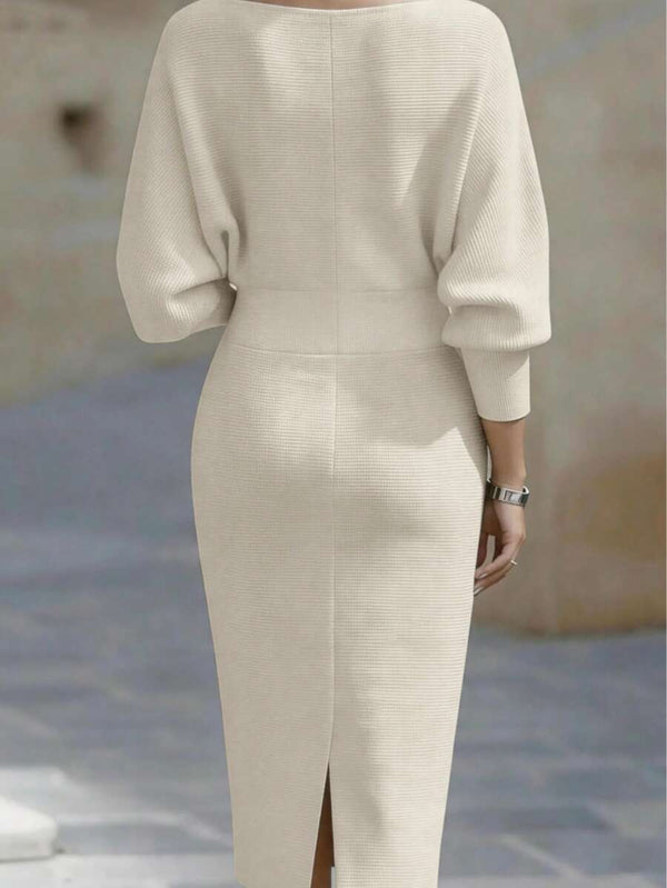 Cara | Ribbed Knit Batwing Sleeve Midi Dress