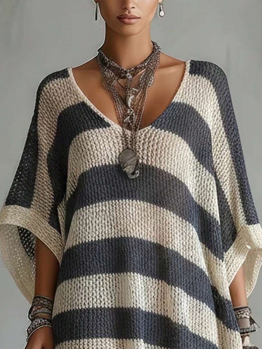 Sana V-Neck Striped Batwing Sweater Dress - view 4