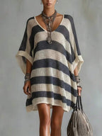 Sana V-Neck Striped Batwing Sweater Dress - front view
