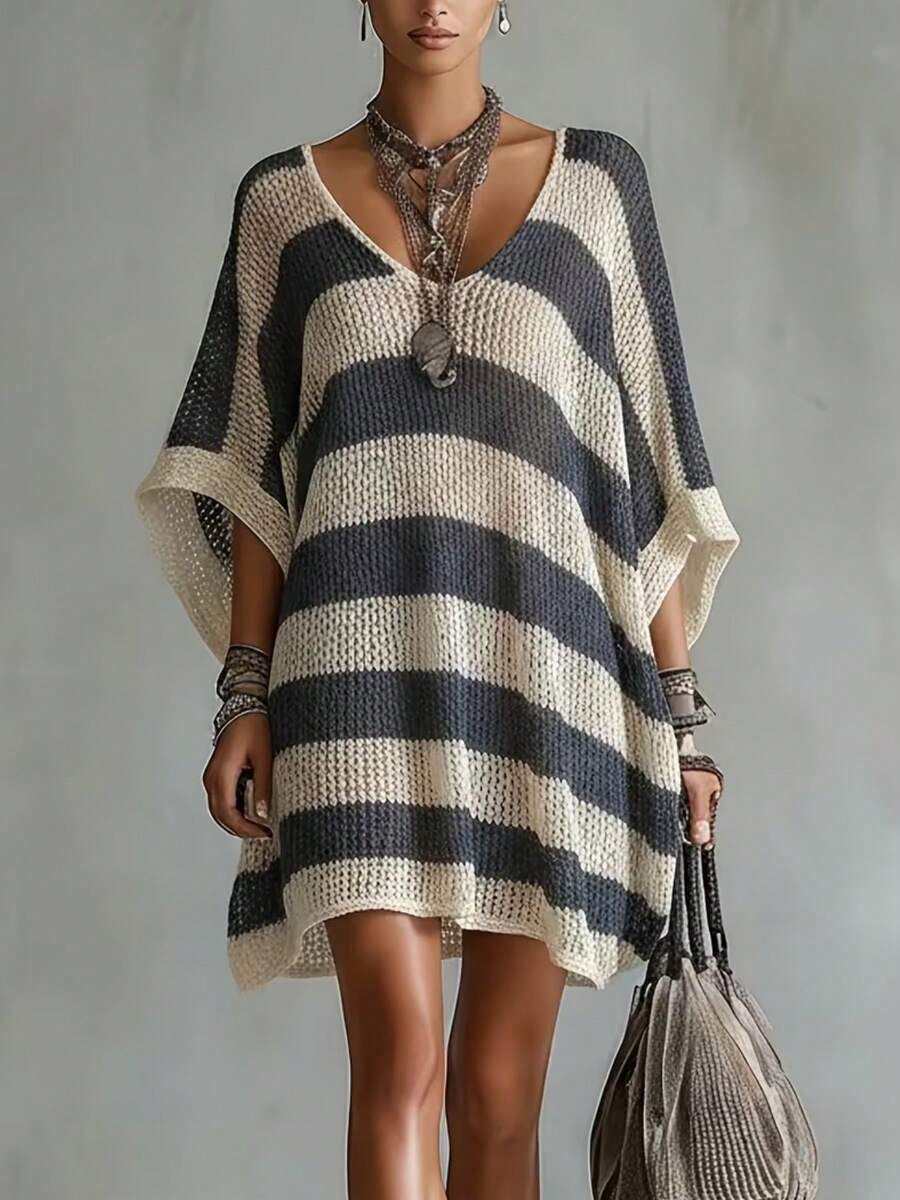 Sana V-Neck Striped Batwing Sweater Dress - front view