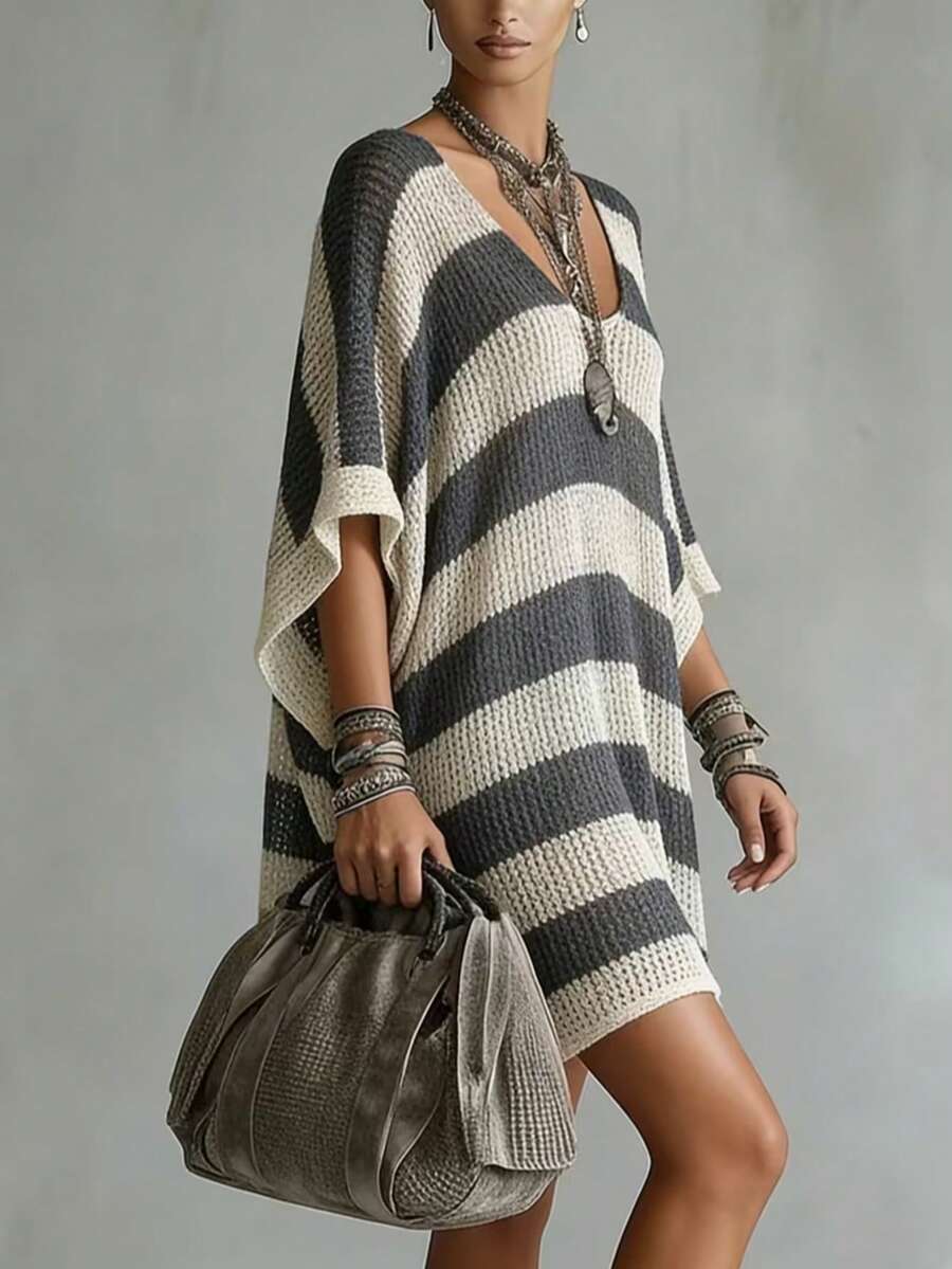 Sana V-Neck Striped Batwing Sweater Dress - view 3