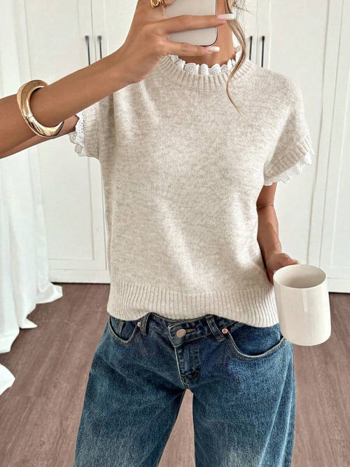 Sarah | Lace Trim Round Neck Knit Top with Ruffle Sleeve, Cozy Everyday Sweater Vest oaklynwear