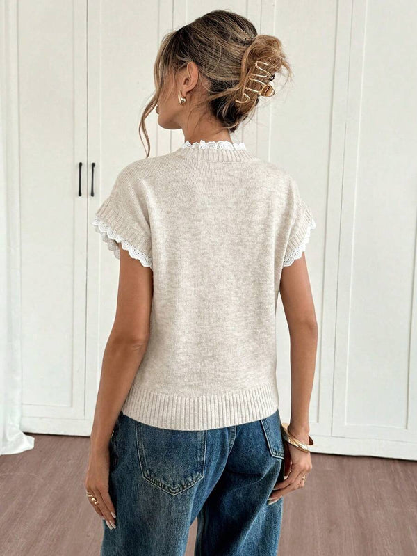 Sarah | Lace Trim Round Neck Knit Top with Ruffle Sleeve, Cozy Everyday Sweater Vest oaklynwear