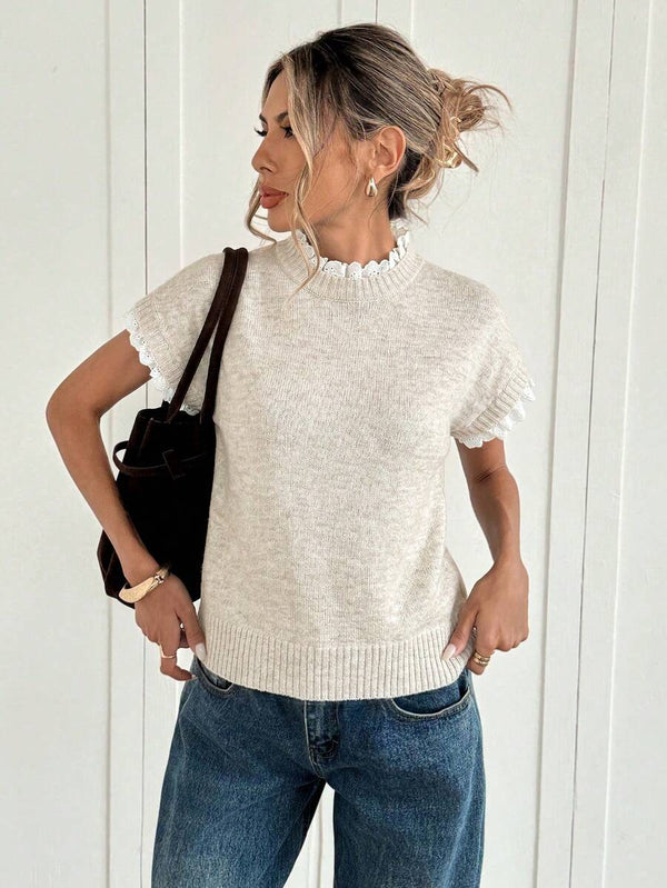 Sarah | Lace Trim Round Neck Knit Top with Ruffle Sleeve, Cozy Everyday Sweater Vest oaklynwear