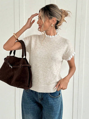 Sarah | Lace Trim Round Neck Knit Top with Ruffle Sleeve, Cozy Everyday Sweater Vest oaklynwear