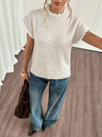 Evelyn Lace Trim Round Neck Knit Top with Ruffle Sleeve - view 6