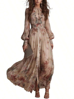 Jessica | Floral A-Line Maxi Dress with Flare Sleeves