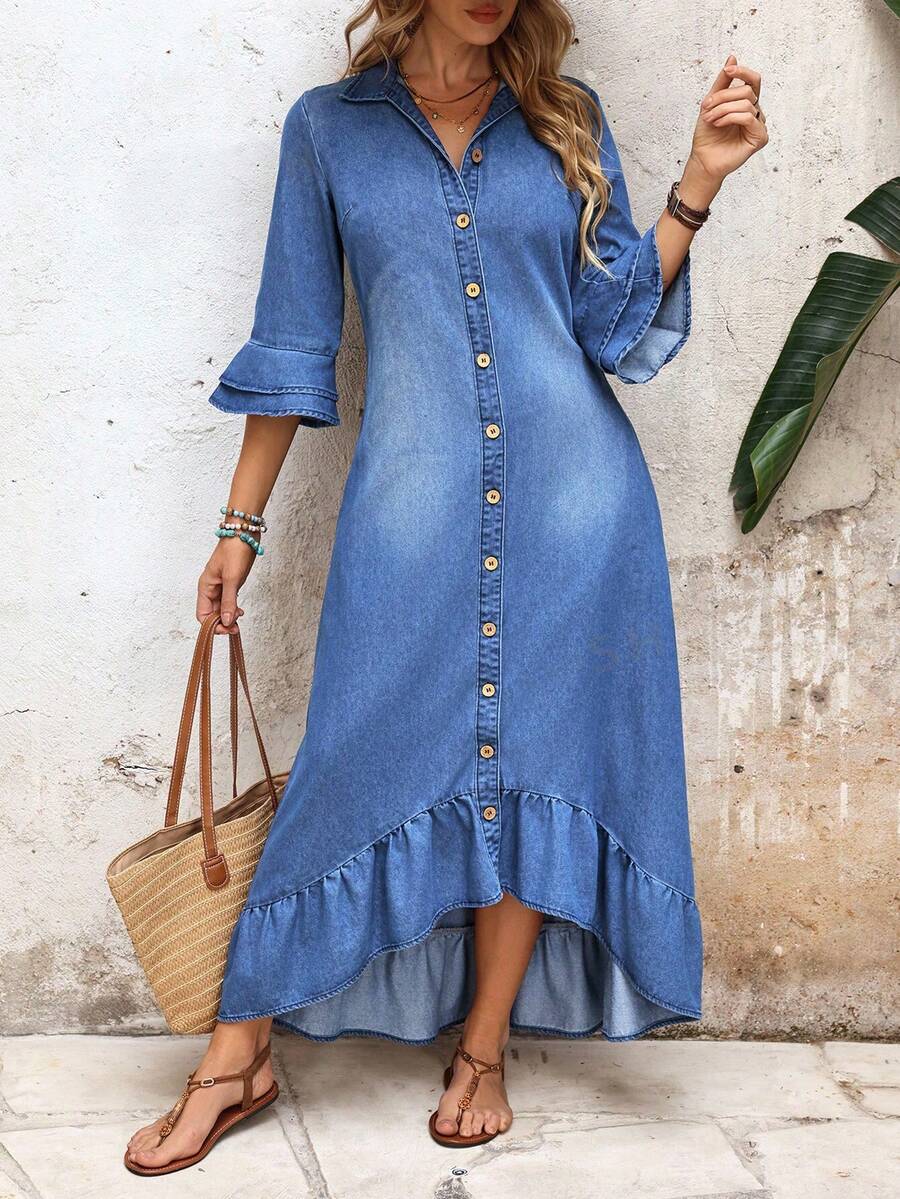 Alba Single-Breasted Denim Shirt Dress Ruffle Hem Ruched - view 9
