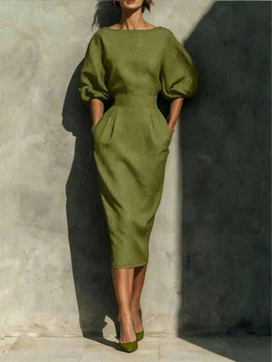 Robyn | Balloon Sleeve Boat Neck Pencil Midi Dress