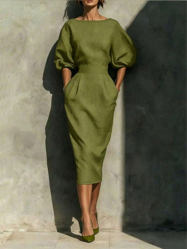 Robyn | Balloon Sleeve Boat Neck Pencil Midi Dress