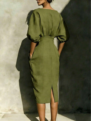 Robyn | Balloon Sleeve Boat Neck Pencil Midi Dress