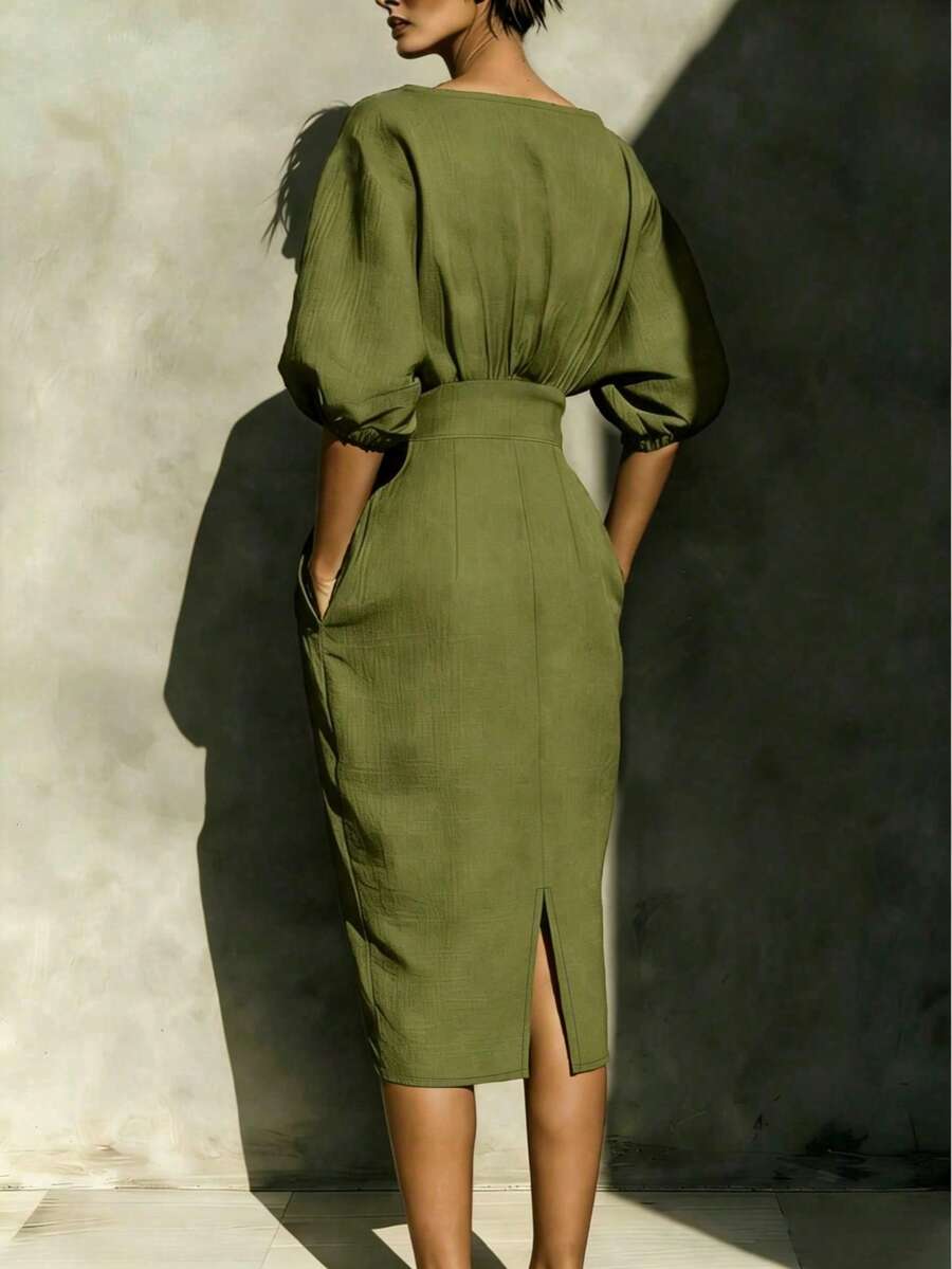 Robyn Balloon Sleeve Boat Neck Pencil Midi Dress - view 18