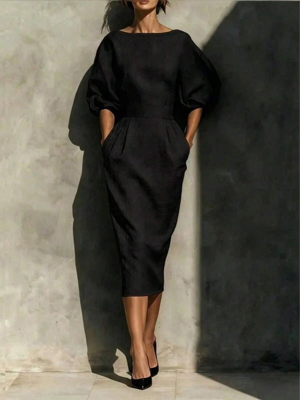 Robyn | Balloon Sleeve Boat Neck Pencil Midi Dress