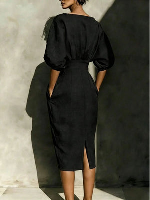 Robyn | Balloon Sleeve Boat Neck Pencil Midi Dress