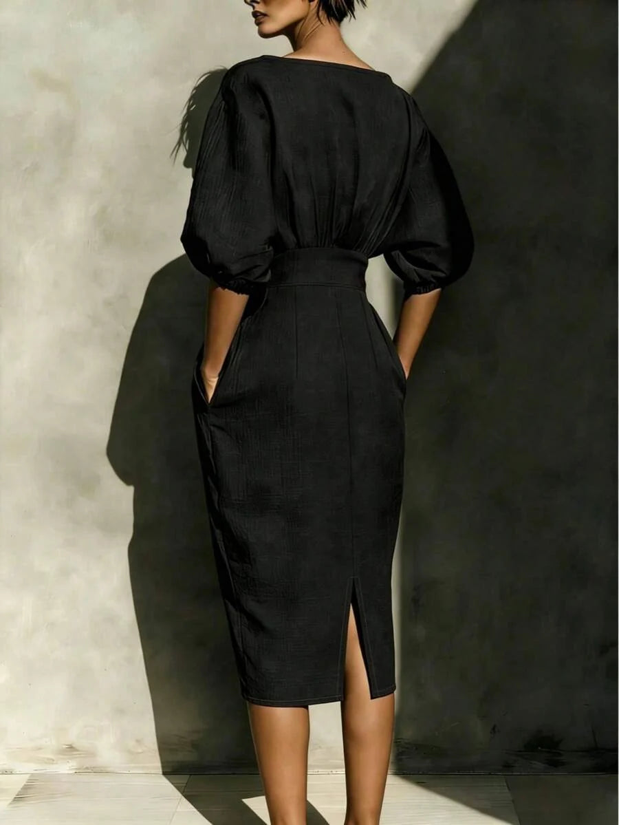 Robyn Balloon Sleeve Boat Neck Pencil Midi Dress - view 20