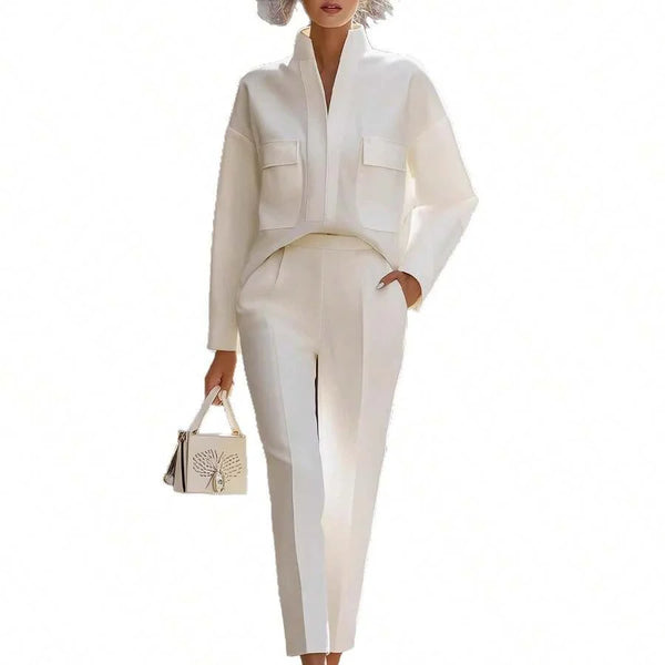 Lauren | Satin Stand Collar Shirt and Cropped Pants Set