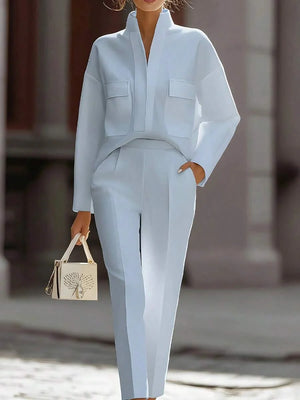 Lauren | Satin Stand Collar Shirt and Cropped Pants Set