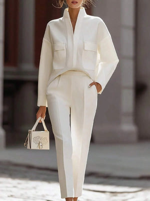 Lauren | Satin Stand Collar Shirt and Cropped Pants Set