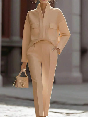 Lauren | Satin Stand Collar Shirt and Cropped Pants Set