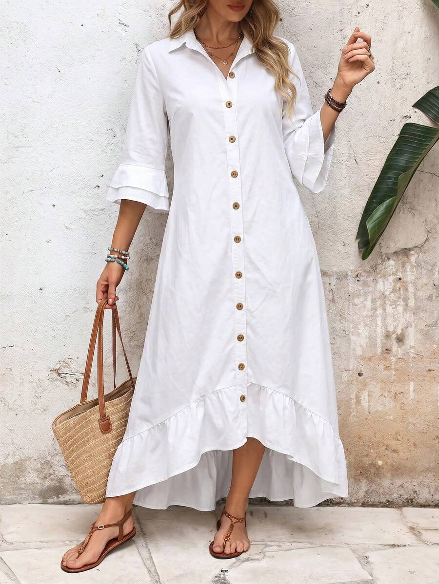 Alba Single-Breasted Denim Shirt Dress Ruffle Hem Ruched - view 8