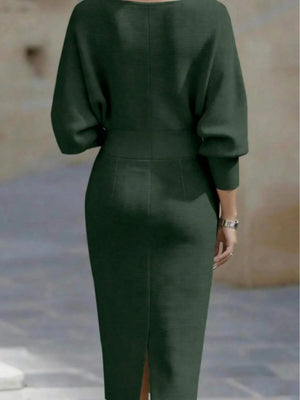 Cara | Ribbed Knit Batwing Sleeve Midi Dress