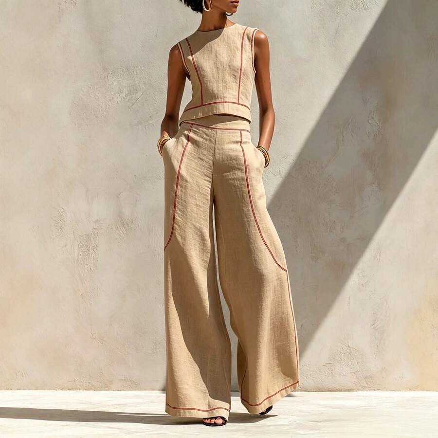 Mira Contrast-Piped Vest Top & Trousers Set - view 2