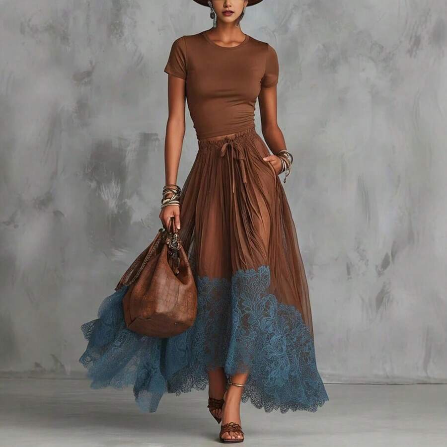 Tilly V-Neck Top and Ruffle Hem Midi Skirt Set - view 4