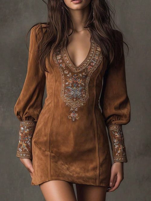Maisie | Embroidered V-Neck Mini Dress with Statement Sleeves