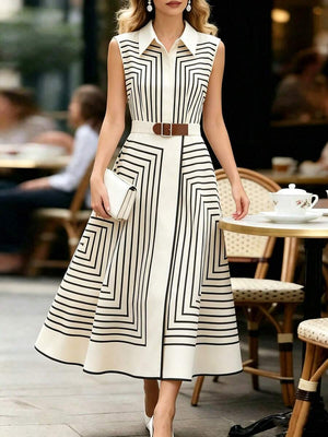 Orla | Geometric Striped Belted Shirt Dress