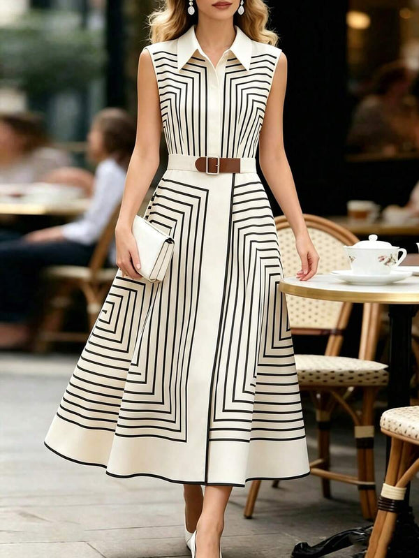 Orla | Geometric Striped Belted Shirt Dress