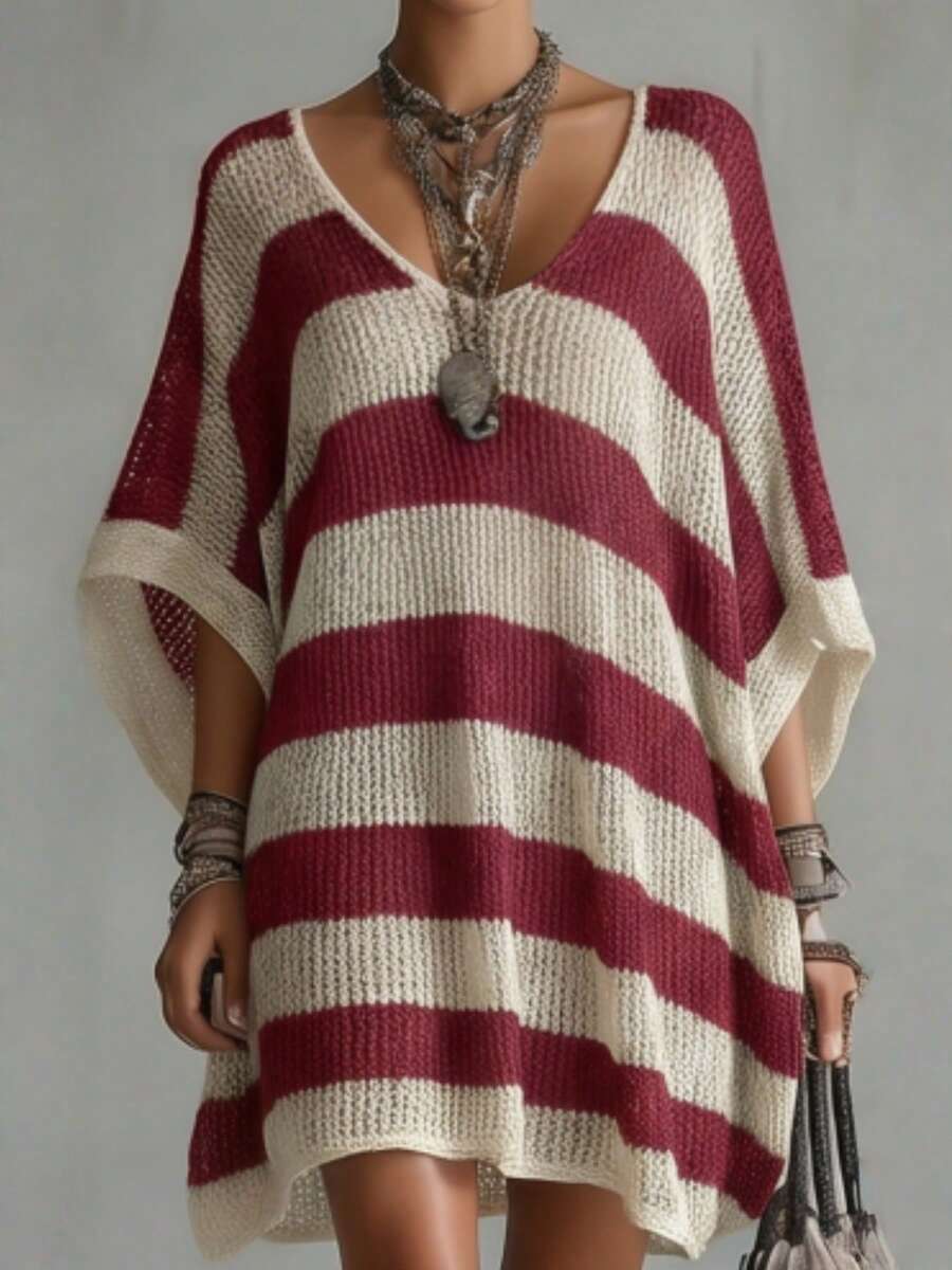Sana V-Neck Striped Batwing Sweater Dress - view 7
