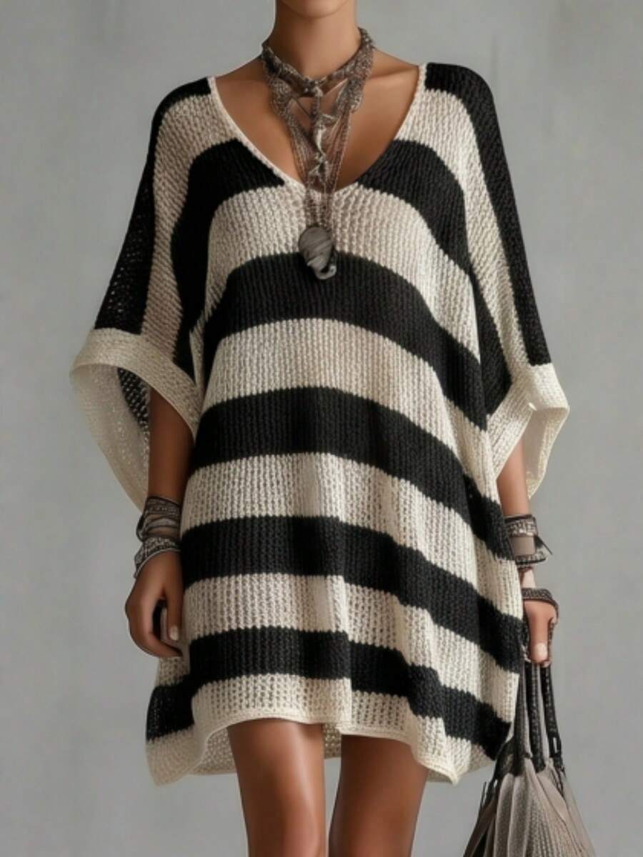 Sana V-Neck Striped Batwing Sweater Dress - view 6