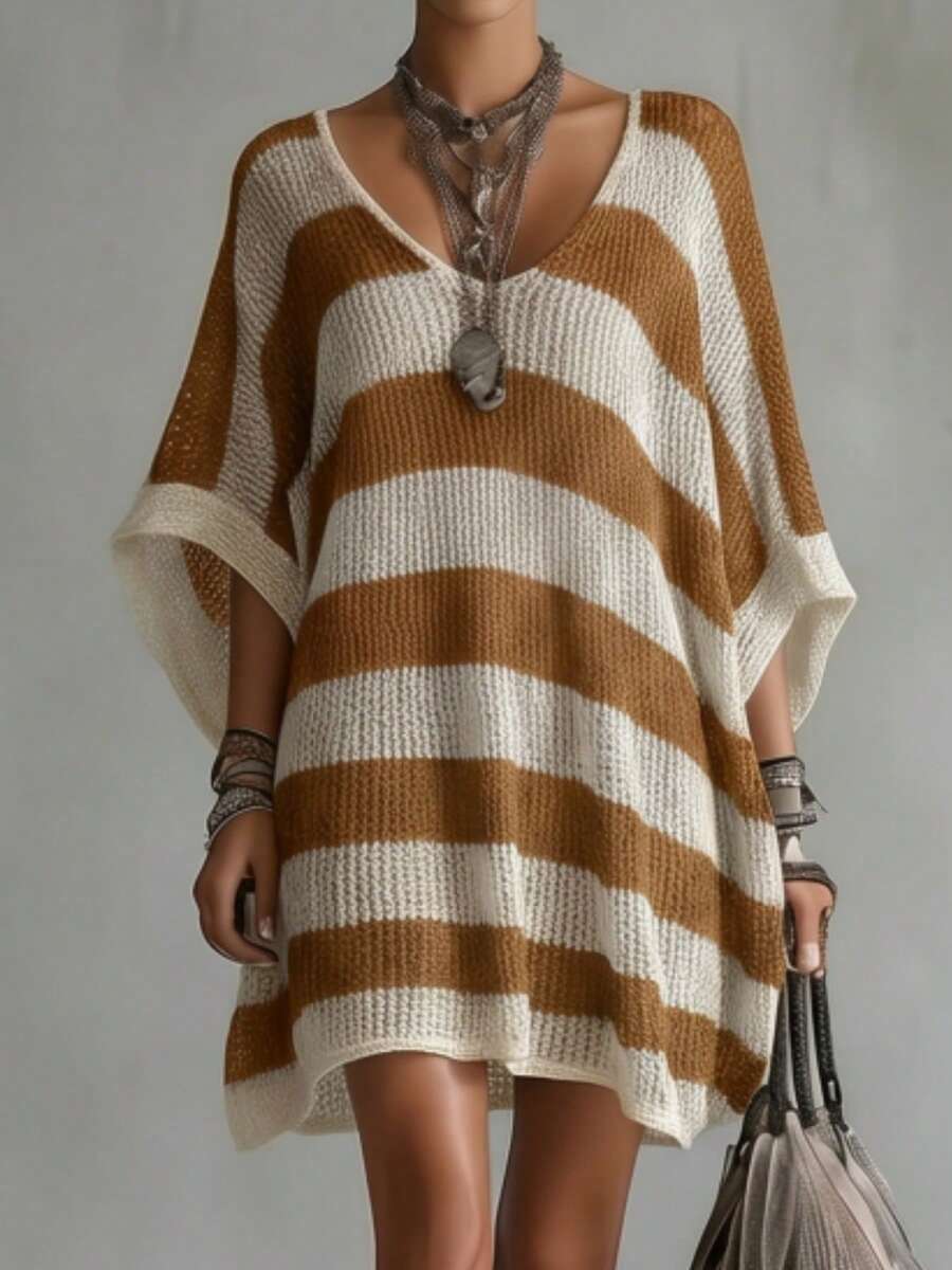 Sana V-Neck Striped Batwing Sweater Dress - view 8