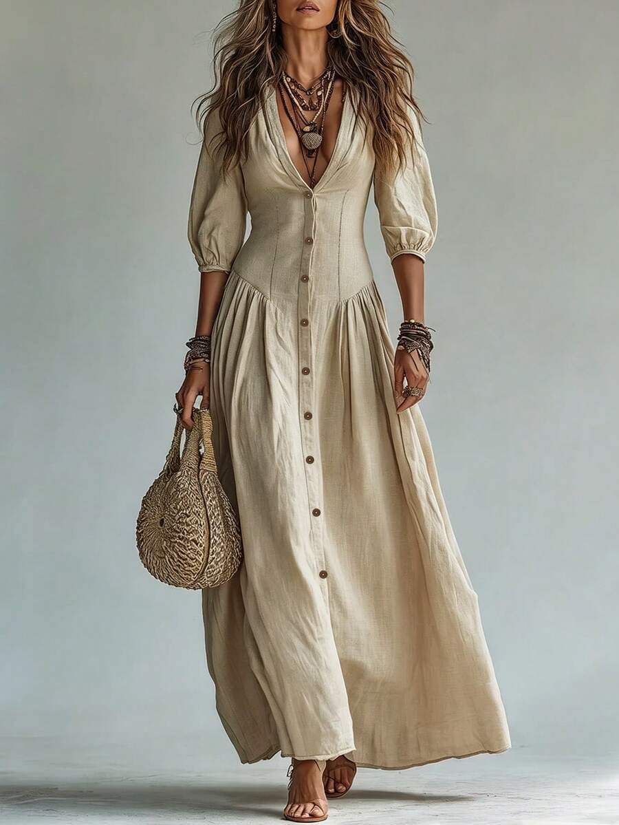 Nova Deep V-Neck Single-Breasted Puff Sleeve Maxi Dress - front view