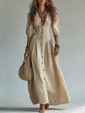 Nova Deep V-Neck Single-Breasted Puff Sleeve Maxi Dress - front view