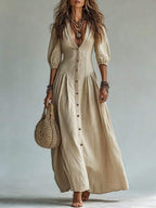 Nova Deep V-Neck Single-Breasted Puff Sleeve Maxi Dress - front view