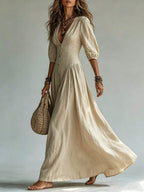 Nova Deep V-Neck Single-Breasted Puff Sleeve Maxi Dress - view 3